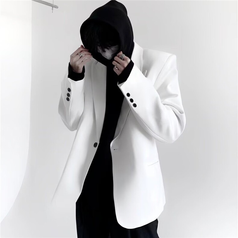 春秋小众极简ins白色西装外套男垂感戗驳领休闲垫肩西服W6612-P55，男装西服，星座412-1