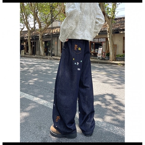 卡通刺绣弯刀牛仔裤男秋冬复古街头宽松水洗阔腿长裤NK077-P58图片