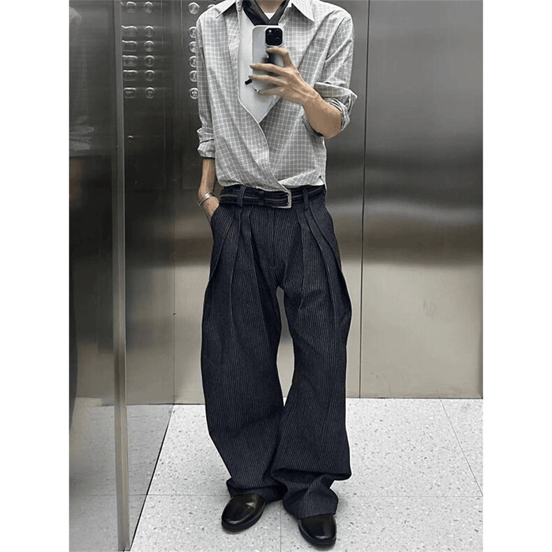 美式潮牌高街复古细格子日系肌理感长袖衬衫外套男女休闲宽松衬衣,男装衬衫,电商A486