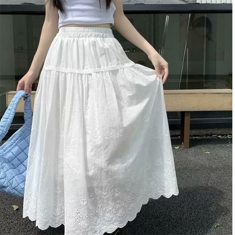 日系镂空刺绣蕾丝半身裙女夏季超仙白色文艺宽松百搭显瘦长裙,女装半身裙,星座1210-1