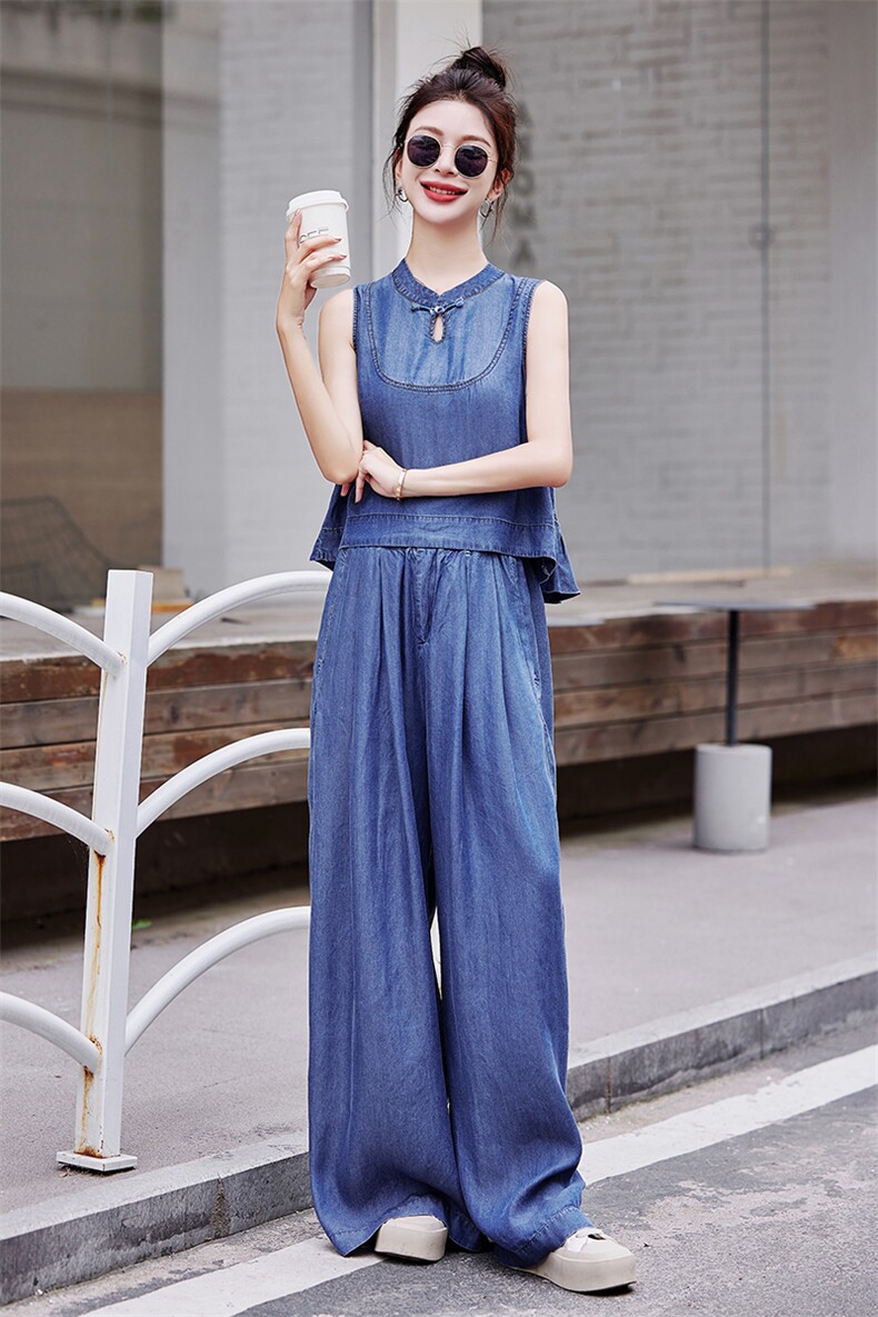 天丝牛仔时尚套装女2024年夏季新款国风无袖上衣拖地阔腿裤两件套,女装套装/套裙,依路服饰