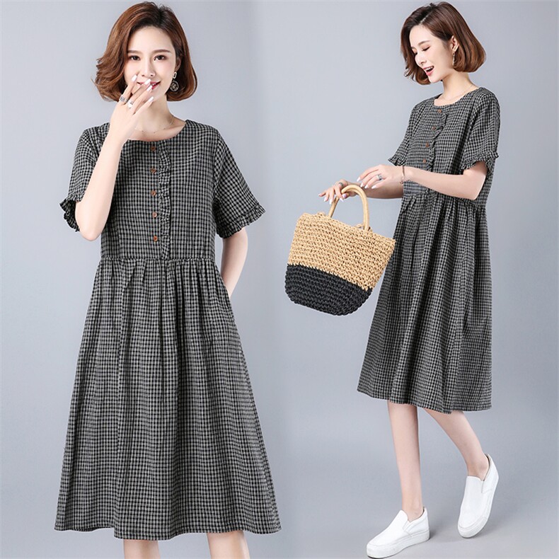2024年夏季圆领通勤中腰套头简约短袖中长款格子连衣裙，女装连衣裙，风姿绰