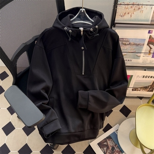 F77-P45 秋冬季潮牌连帽卫衣男美式高街设计感小众半拉链上衣图片