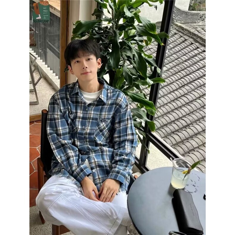 美式复古格子衬衫男女春季新款宽松休闲百搭衬衣外套CA3008-P37,男装衬衫,星座208-5