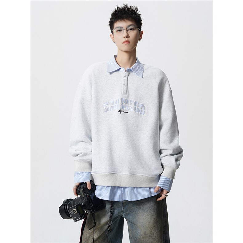 HW2545特P55控98面布54棉46聚酯假两件POLO情侣卫衣宽松外套男,男装Polo衫,电商B370