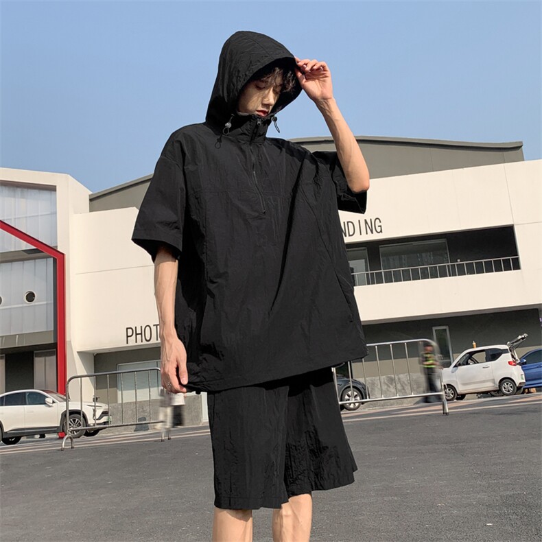 夏款男套装连帽防晒衣插兜夹克冰丝褶皱短裤套装TZ064P60,男装牛仔裤,星座1013-1