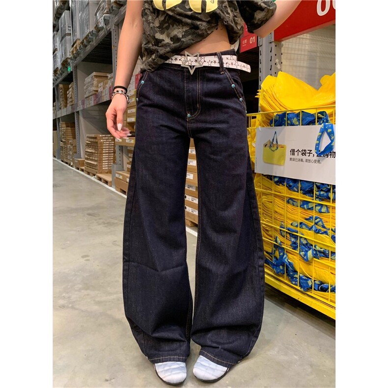 美式复古绿松石丹宁色牛仔裤百搭宽松阔腿小众铆钉弯刀裤子,男装牛仔裤,星座1210-1