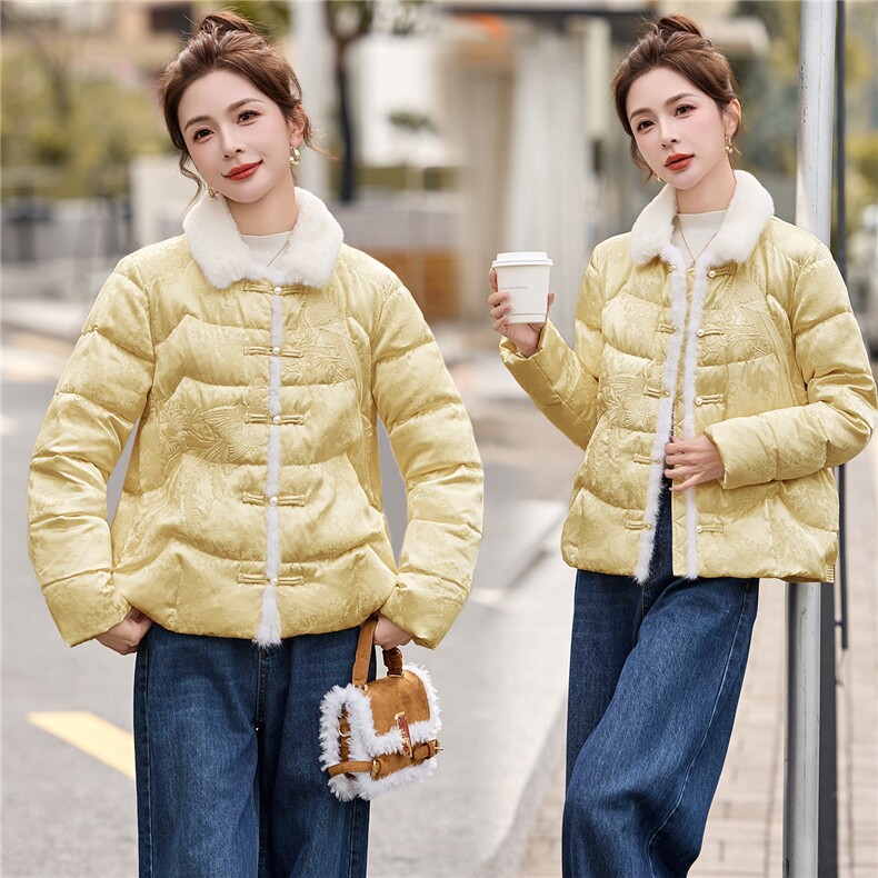 新中式白鸭绒羽绒服外套女2025冬季新款重工刺绣水貂毛提花外套,女装羽绒服,美沁