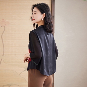 新中式中老年重磅真丝半袖上衣夏季妈妈女桑蚕丝时尚T恤衫图片