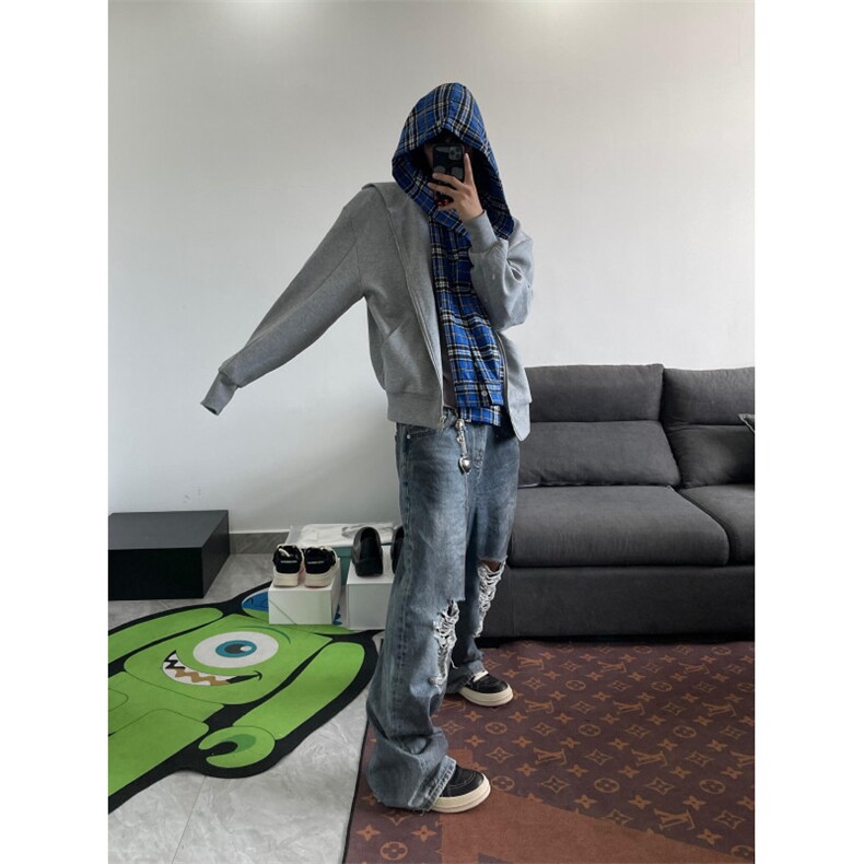 【有货】假两件格子拼接卫衣男款设计感连帽开衫外套JL97CC-特P68，男装卫衣，星座1007（原301D）