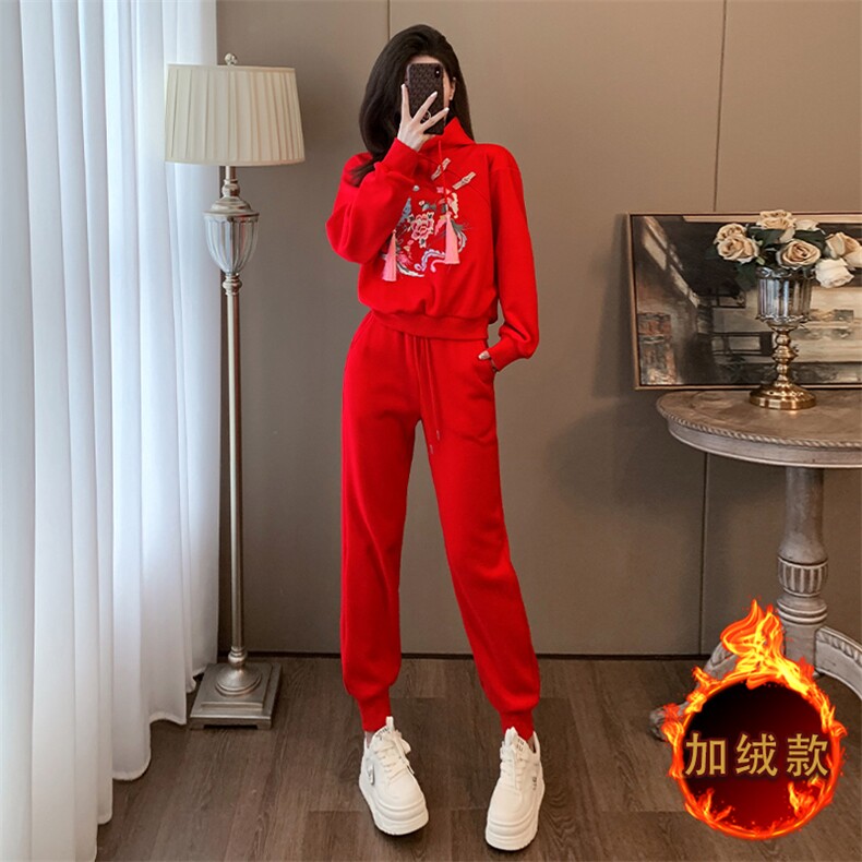 新中式风刺绣连帽卫衣加绒加厚两件套,女装套装/套裙,江南