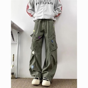 美式高街花朵刺绣重工水洗宽松直筒裤子男女情侣宽松牛仔裤 NG126图片