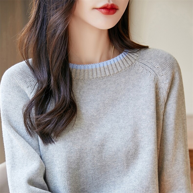 法式撞色100纯棉针织打底衫女2025秋冬新款重磅加厚针织保暖毛衣,针织衫/毛衣,长今羊