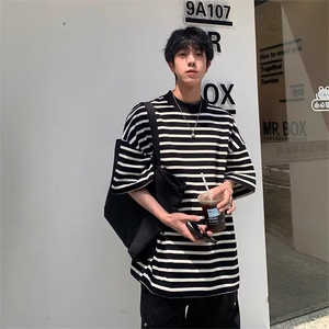 条纹t恤短袖男女夏季潮流百搭半袖五分袖宽松休闲情侣圆领海魂衫图片