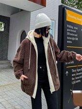 帽子拼色皮毛外套，其它，韩外