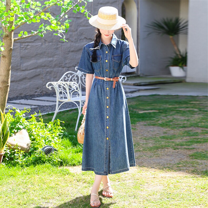 复古翻领短袖牛仔连衣裙女2024年夏季新款简约显瘦单排扣中长裙子图片