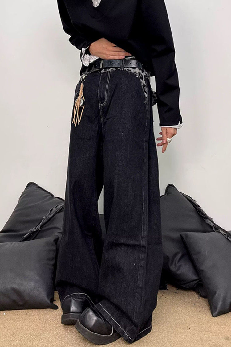 美式水洗原牛黑豹纹拼接口袋直筒牛仔裤男女街头百搭宽松拖地长裤,男装牛仔裤,星座302B-2