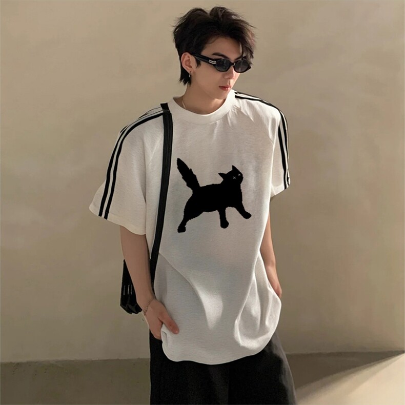 抖音得物高品质二开240克宽松纯棉美式潮牌三条杠织带短袖T恤图片
