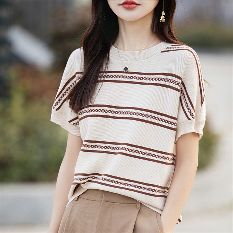 圆领拼色100%纯棉针织短袖T恤女夏季新款半袖宽松薄款上衣打底衫,针织衫/毛衣,郡淞羊绒
