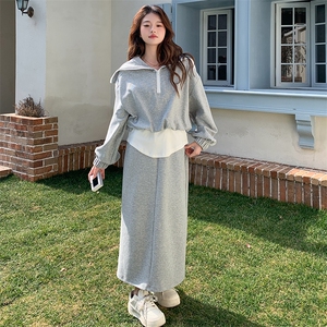 灰色休闲时尚套装裙女2025春秋季新款假两件拼接卫衣半身裙两件套图片