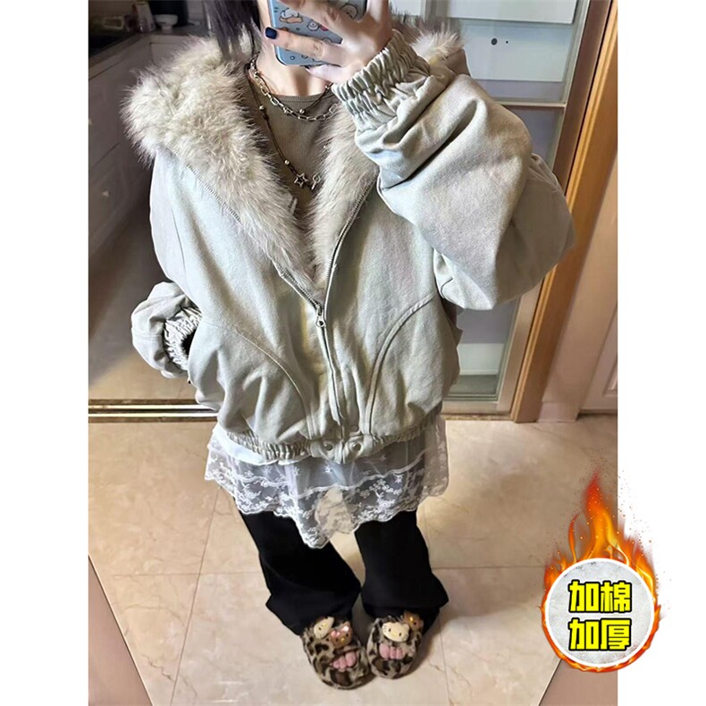 现货高品质美式高街冬季重磅硬挺短款座山雕毛领棉衣男女加厚外套，男装棉衣，电商A486