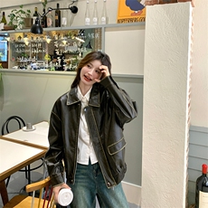 港风气质短款机车皮衣外套女2025春秋季新款韩版宽松显瘦洋气上衣，女装皮衣，纯色衣恋
