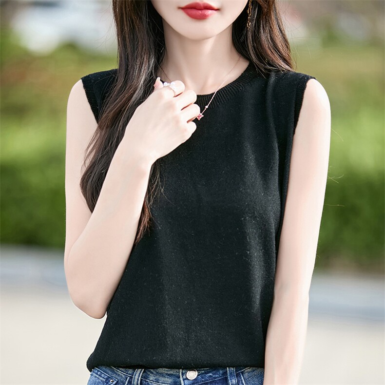 春款修身显瘦百搭时尚圆领女士纯色气质无袖上衣,女装T恤,佰米娇羊绒