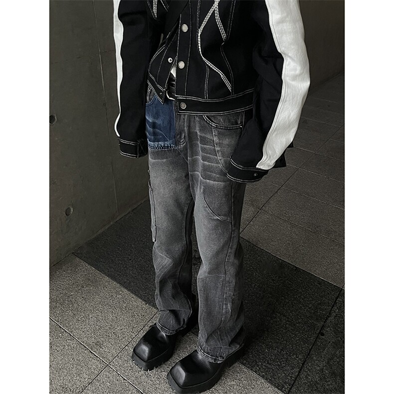 B221美式ins高街暗黑小众个性拼接直筒牛仔裤LK23141-P65控88,男装牛仔裤,电商B221