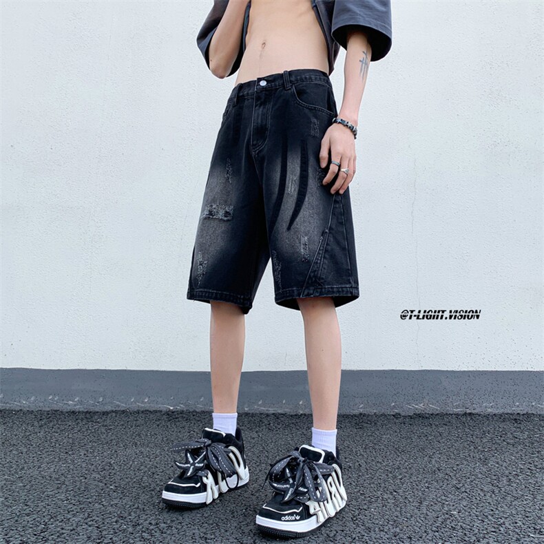 B221美式ins高街暗黑小众情侣款休闲牛仔短裤LK23090-P55控78,男装牛仔裤,电商B221