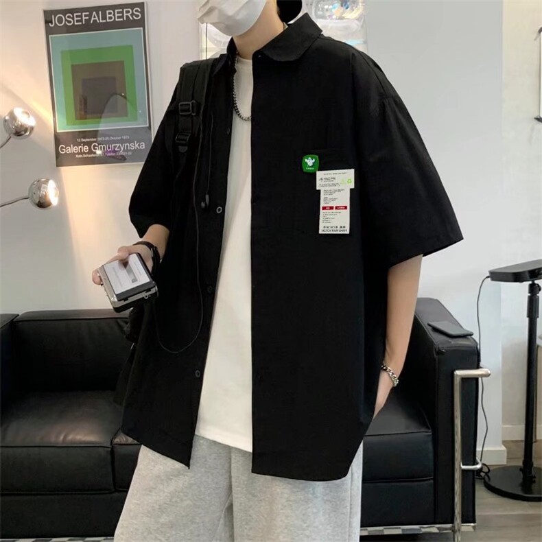 2022衬衫短袖男士宽松大码潮流港风复古痞帅贴标衬衣C548P30图片