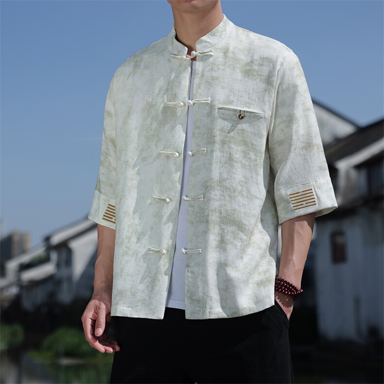 风铜扣盘扣刺绣中式立领衬衫透气开衫短袖潮A087-1-YM663P85,男装T恤,电商A087-1