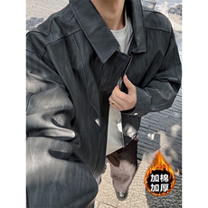 抗寒加棉百搭扎染翻领PU皮大码棉衣外套男J5228J加棉-特P95控158，男装棉衣，电商A001