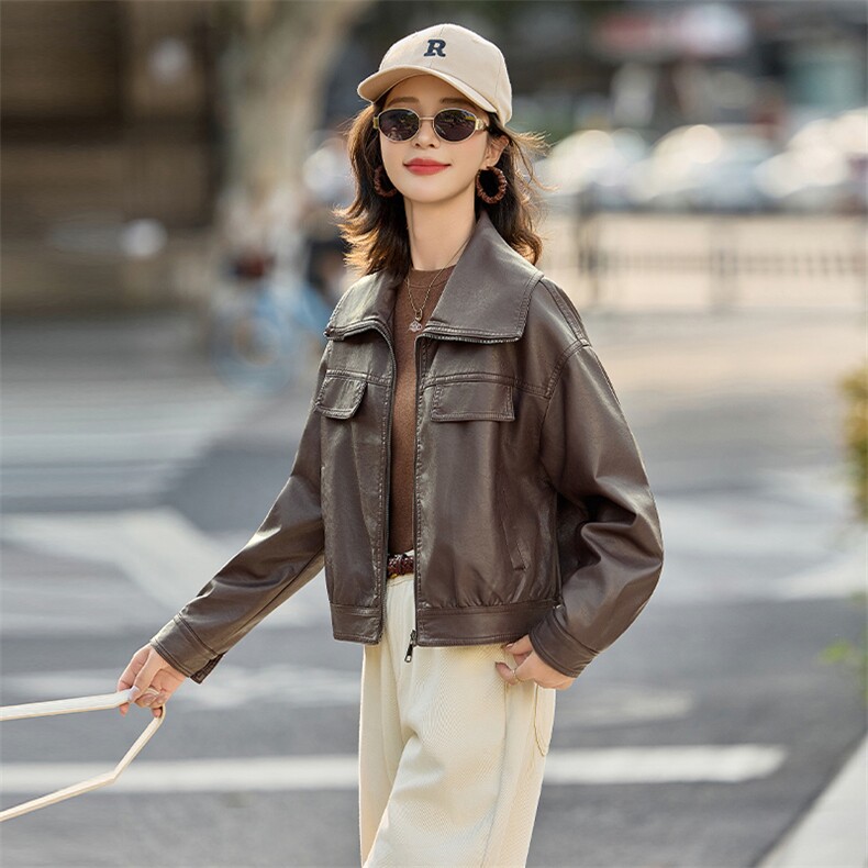 海宁皮衣2025新款时尚气质休闲高级感宽松翻领显瘦皮衣外套，女装皮衣，跑量工厂店
