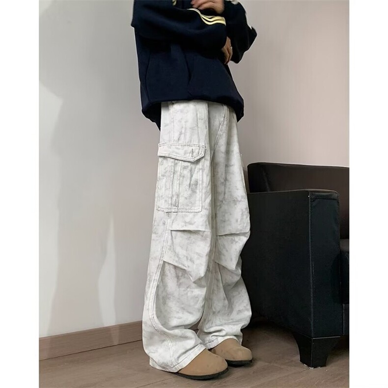 美式高街脏脏牛仔裤解构设计废土美学白色拖地裤K8280p58，男装休闲裤，电商D315A