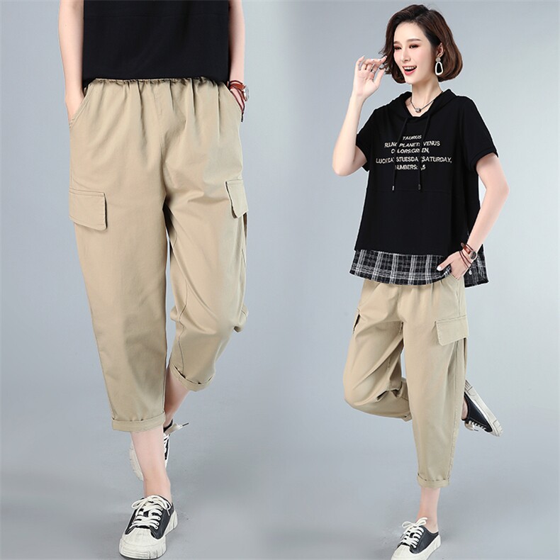 时尚宽松工装风休闲裤女夏季新款高腰显瘦九分裤百搭哈伦裤857，女装连体裤，依恋蒂丝