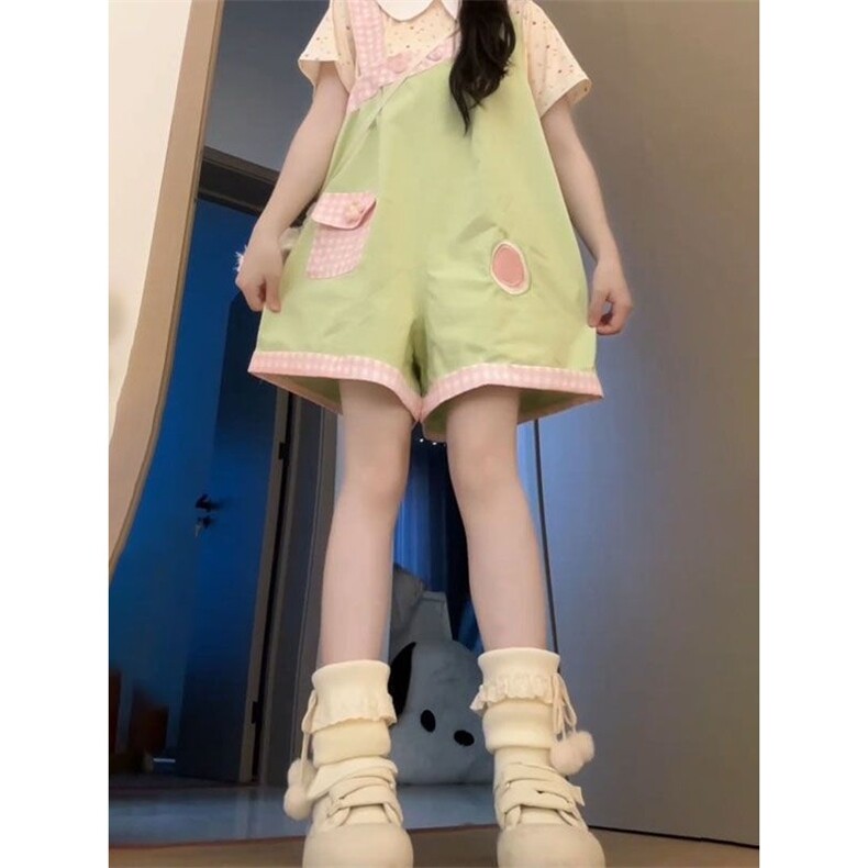 日系甜美可爱穿搭一整套装童趣格纹背带短裤女学生学院娃娃领,女装套装/套裙,星座1210-1