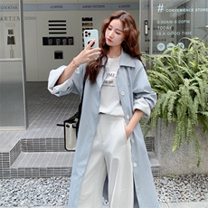 新款现货韩系长款风衣袖口花边外套，女装风衣，2C062