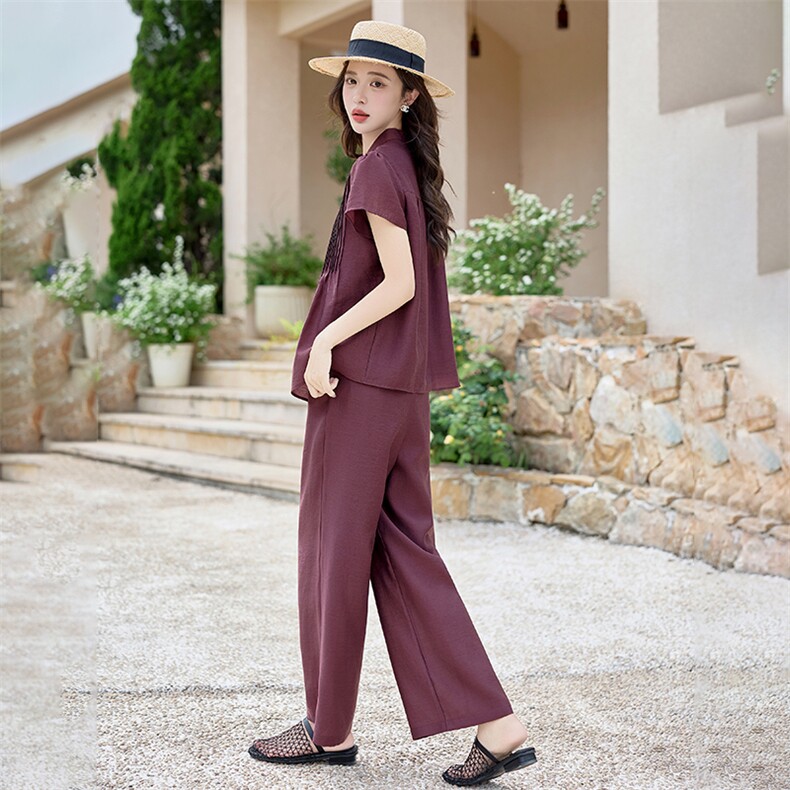 设计感国风盘扣小飞袖套装女2025夏新款压褶收腰衬衫阔腿裤两件套,女装套装/套裙,水衣源