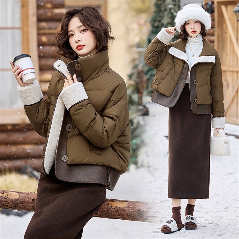 羽绒服女2024冬季新款超好看洋气休闲短款拼接羊羔毛保暖厚面包服,女装羽绒服,半夏