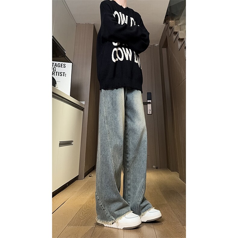现货直筒渐变休闲裤女宽松复古蓝毛边牛仔裤男K5825-P55控78,男装休闲裤,星座205