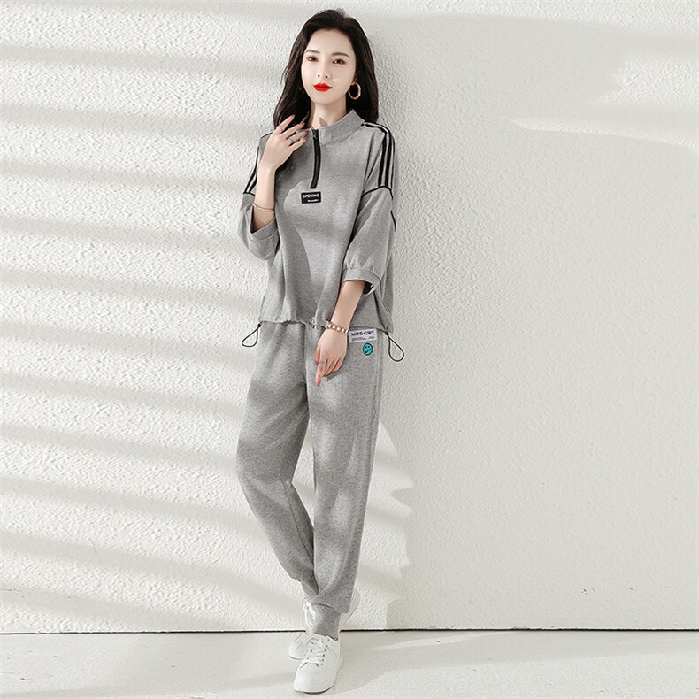 灰色运动服套装女夏薄款七分袖2025年韩版宽松休闲时尚卫衣两件套,女装套装/套裙,梦懿尔