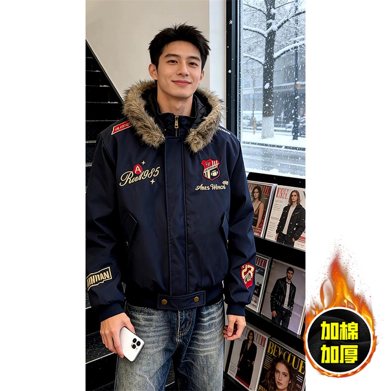 现货高品质美式高街重磅刺绣座山雕大毛毛领棉衣男女加厚棉服外套，男装棉衣，电商A443