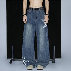 牛仔裤男女韩版潮流高街帅气字母印花2025夏季ins长裤RK2657-P49，男装牛仔裤，星座412-3