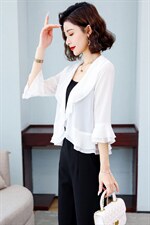 春夏雪纺小披肩开衫搭配裙子防晒衫大码百搭短款荷叶边外搭外套女，女装蕾丝衫/雪纺衫，婵米儿