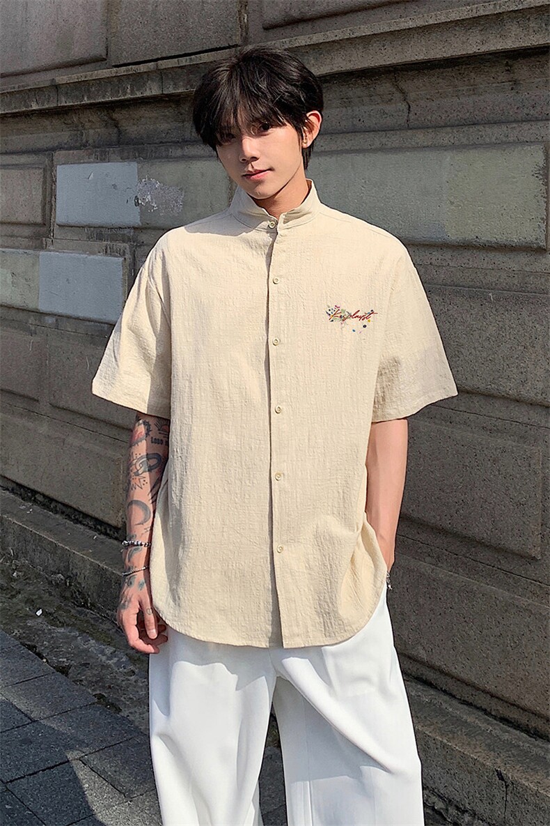 肌理感短袖立领衬衫男5XT3033-TP3558夏凉感印花新中式衬衣,男装衬衫,电商A102