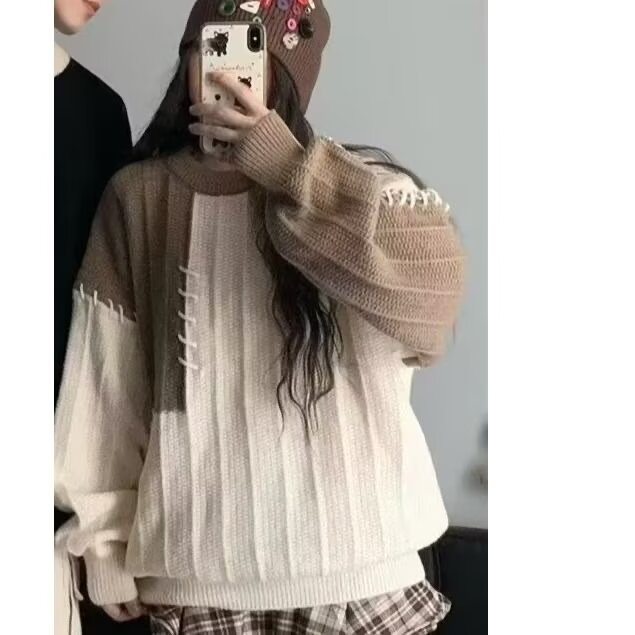 M212-P47休闲套头常规情侣装拼接撞色毛衣男女针织衫长袖,男装针织衫/毛衣,电商B323A