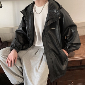 1鳄鱼纹连帽冲锋衣大码M-5XL面层：PU皮夹克男JK8744P90控128图片