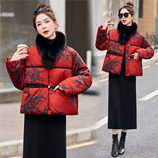 新中式时尚提花真狐狸毛短款羽绒服女2025年冬季新款外套90白鸭绒，女装羽绒服，润尚靓点