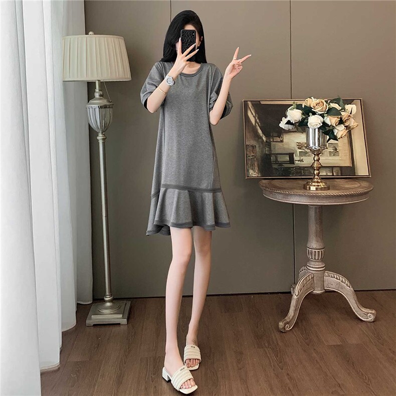 韩版时尚气质连衣裙裙女夏季新款灰色圆领泡泡短袖鱼尾拼接连衣裙,女装连衣裙,江南