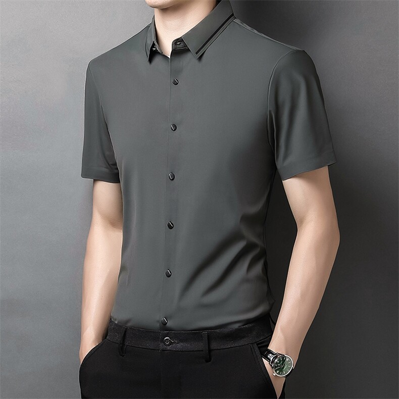 Z2189夏季青年2021男式薄款短袖衬衣修身休闲免烫纯色无痕衬衫P66,男装衬衫,电商B360
